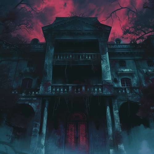Abandoned mansion with ghostly apparitions