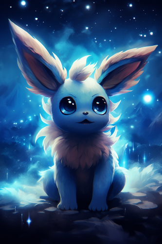 Eevee-like blue cosmic pokemon with windy tail and ears stars