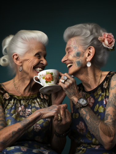 Two elderly women with tattoos laughing and talking