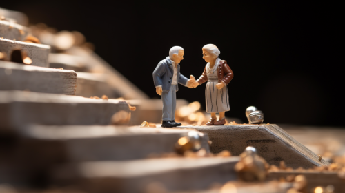 Elderly couple walking hand in hand on coin stairs