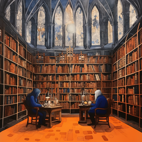 Elderly couple reading in library