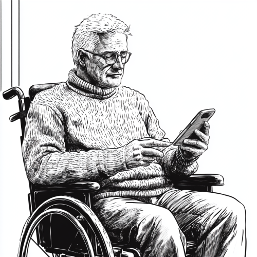Elderly man wheelchair smartphone yes no