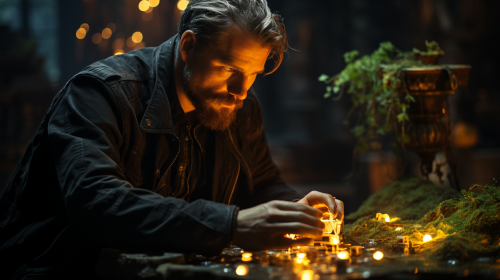 Man holding a bioluminescent creature in a dark forest