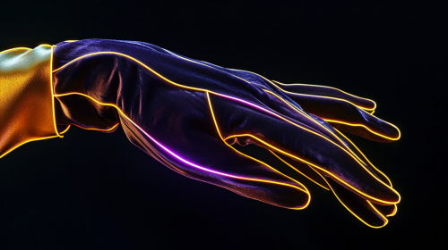 Elegant female gloves in velvet with neon lines