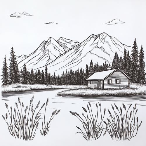 cabin lake mountains trees drawing cabin lake mountains trees drawing
