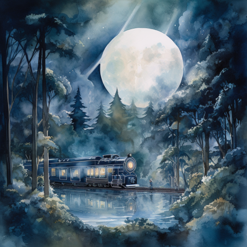 Tranquil train ride through moonlit forest