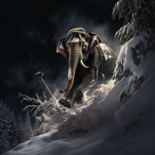 Elephant skiing crashing into tree
