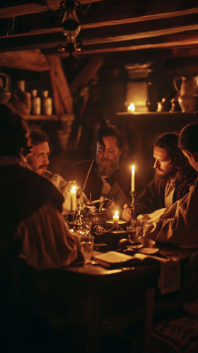 Elizabethan writers discussing in dimly lit tavern