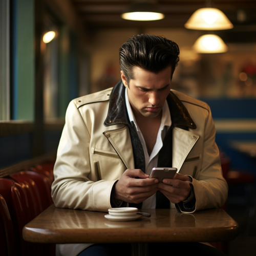 Sad Elvis Presley Swiping Smartphone at Cafe  ?