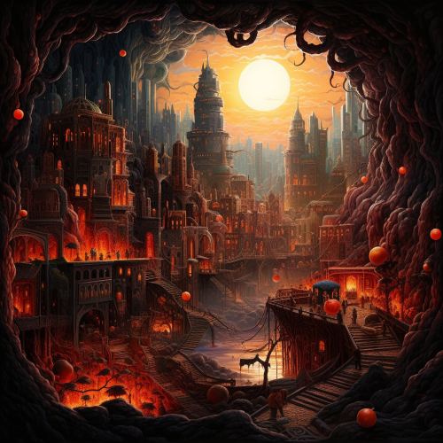 Vibrant cityscape filled with glowing embers and ripe fruit