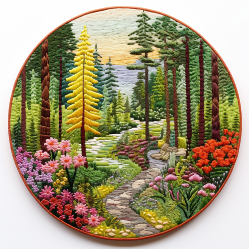 Round embroidery patch with pine trees and forest flowers