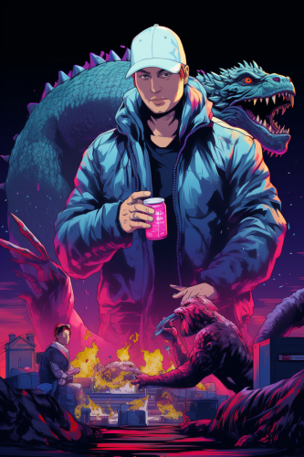 Eminem battling Godzilla with vibrant background