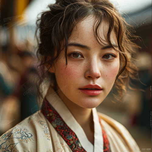 Emma Stone wearing ivory hanbok in Seoul