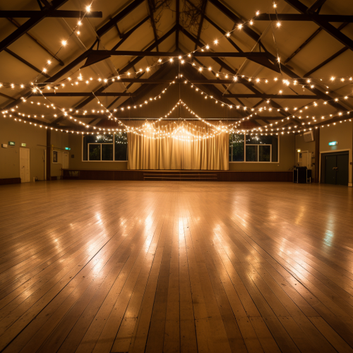 Empty community hall with festoon lights
