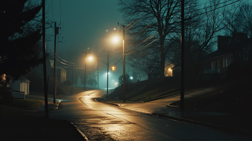 Desolate suburban street illuminated by streetlamps