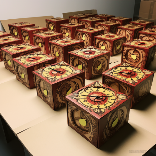 Empty pizza boxes depicting clock hours