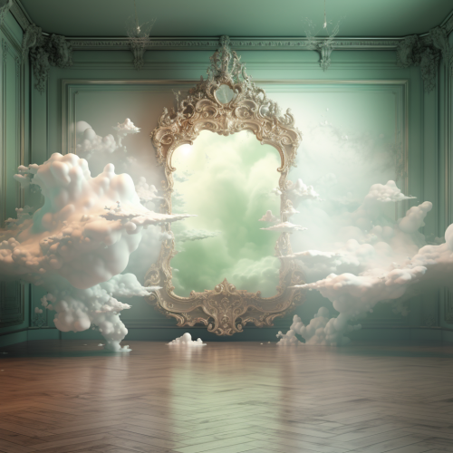 Ornate mirror in dreamy cloud-filled room Ornate mirror in dreamy cloud-filled room