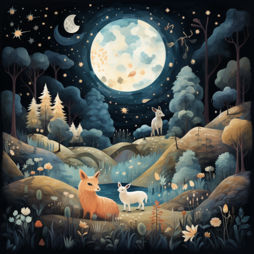 Animals in Enchanting Night Forest