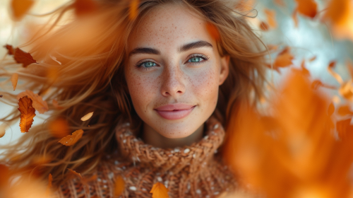 Energetic woman catching orange leaves
