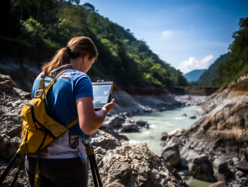 Engineer conducting geological survey in Asia with blue top
