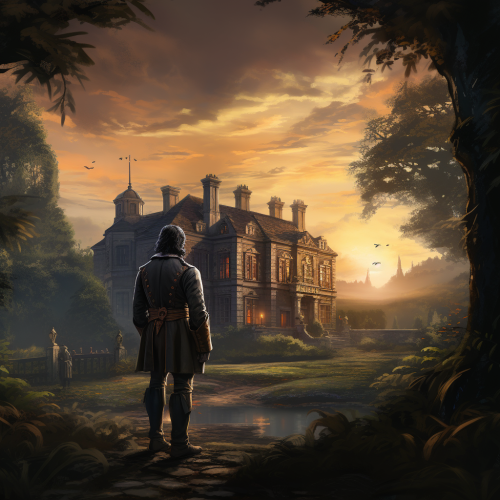 Illustration of noble looking out window in manor house