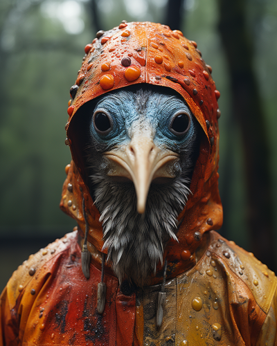 Enigmatic bird creature wearing a hoodie in a forest clearing