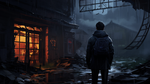 Abandoned factory at twilight with mysterious detective