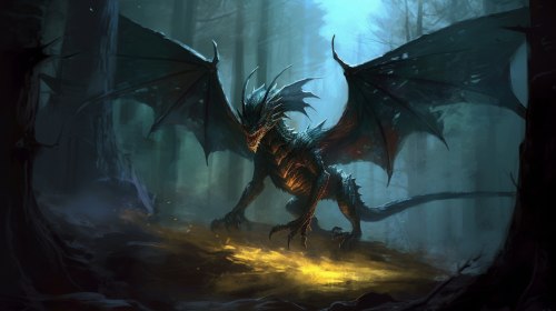 Enigmatic wyvern in dark forest Enigmatic wyvern in dark forest
