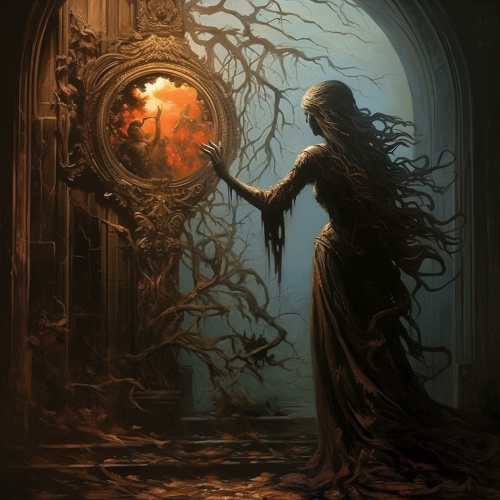 Persephone pointing to a large door
