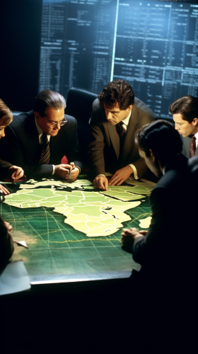 Agents discussing strategies with maps and gadgets Agents discussing strategies with maps and gadgets