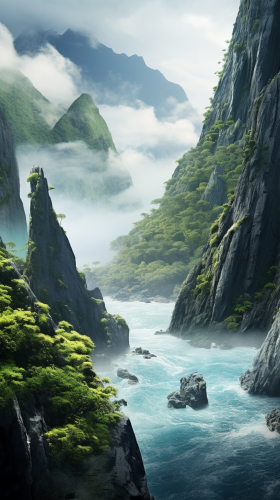 Majestic ethereal island surrounded by lush greenery