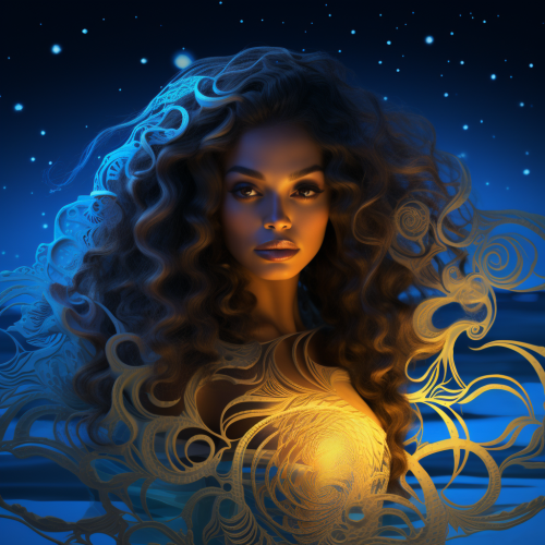 Beautiful telepathic Latina mermaid surrounded by fractal waves