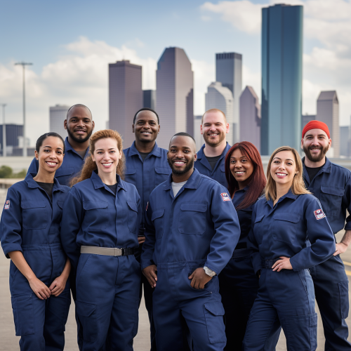 European workers smiling with Houston Texas skyline European workers smiling with Houston Texas skyline