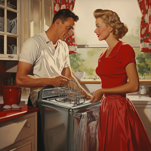 European couple loading dishwasher in kitchen