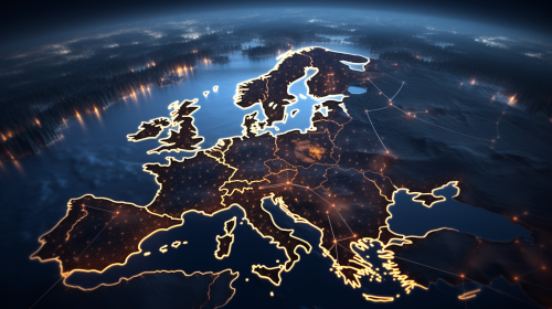 Photorealistic European map with AI data points