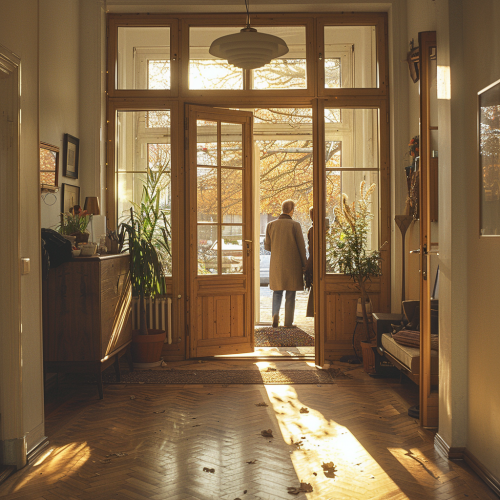 Couple entering European apartment morning