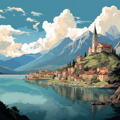 European town surrounded by mountains and lake