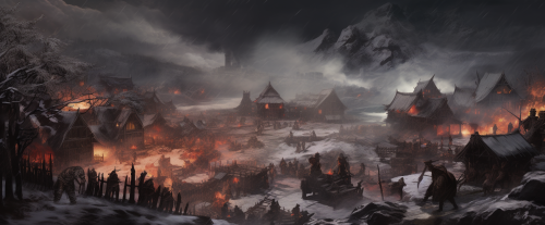 Evil Barbarian Army destroys innocent village in snowy landscape