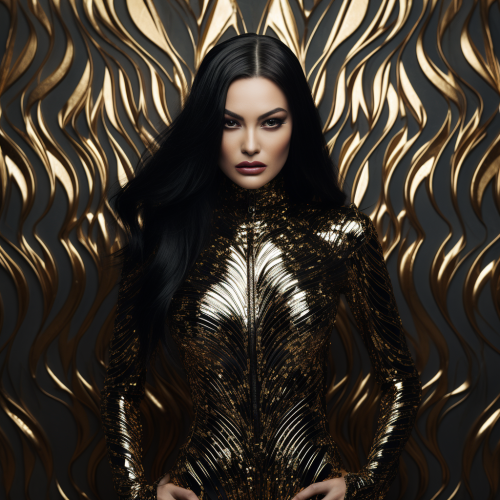 Evil woman in glittery chrome catsuit