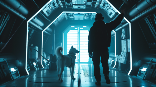 Man with White Shiba Inu Exiting Spaceship
