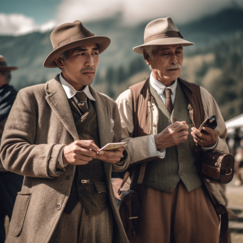 two gentlemen explorers with cell phone two gentlemen explorers with cell phone