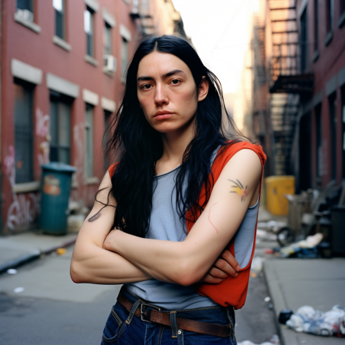 Emotive black-haired person in New York alley