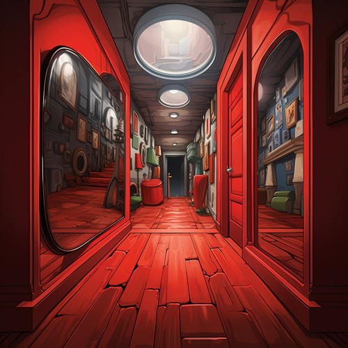 Reflection of eye in hallway with red door