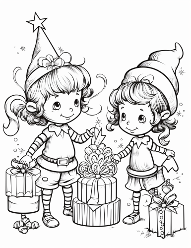 Black and white outline of fairies celebrating Christmas