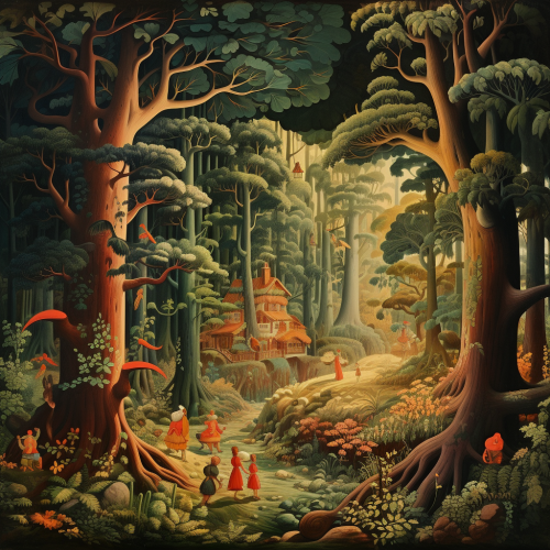 Colorful fairytale illustration with characters in the woods