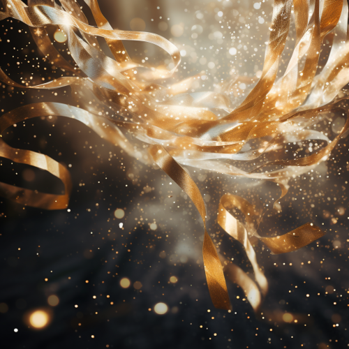 Gold streamers with snow crystal falling gracefully Gold streamers with snow crystal falling gracefully