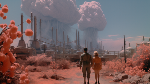 Post-apocalyptic film screenshot in vibrant technicolor