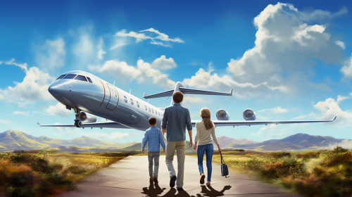 Family walking up to private jet