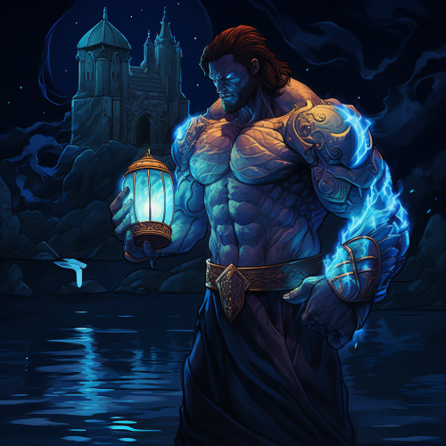 Muscular man with knight armor holding blue lantern