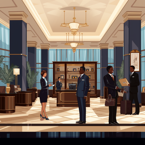 Luxury reception area with workers in suits